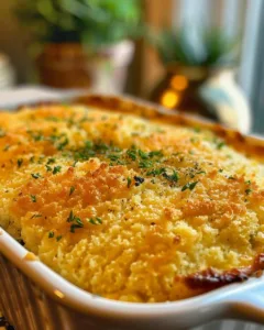 Delicious Zucchini Cornbread Casserole served on a plate, garnished with herbs.