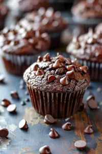 Bakery style double chocolate zucchini muffins on a cooling rack