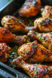 Crispy roasted chicken drumsticks served on a platter with herbs.