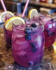 A glass of homemade blueberry lemonade concentrate with fresh blueberries.