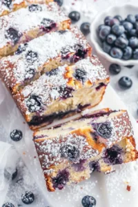 Homemade blueberry loaf bread with fresh blueberries on a wooden table.