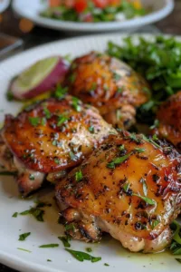 Bobby Flay's juicy chicken thighs served on a plate with herbs and spices.