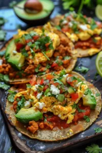 Delicious breakfast tostadas topped with fresh ingredients and served on a plate