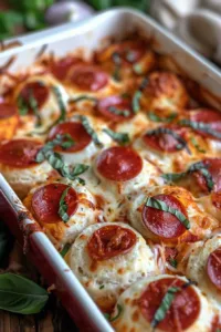 Bubble Up Biscuit Pizza Casserole with melted cheese and toppings