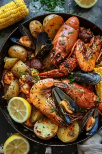 Delicious Cajun Seafood Boil with Garlic Butter Sauce served in a large bowl