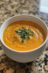 Delicious bowl of homemade carrot and celery soup with herbs