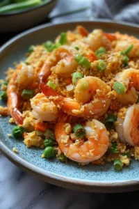 Bowl of Cauliflower Fried Rice with Shrimp garnished with vegetables