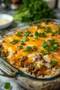 Cheesy ground beef and rice casserole in a baking dish