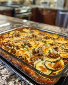 Cheesy Ground Beef and Zucchini Casserole dish served in a baking dish