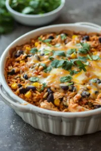 Delicious Chicken Enchilada Rice Casserole topped with cheese and fresh ingredients