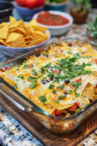 Delicious Chicken Fajita Casserole topped with cheese and colorful peppers
