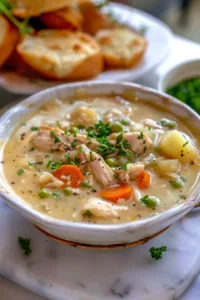 Bowl of creamy Chicken Pot Pie Soup garnished with herbs