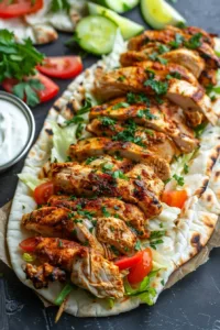 Delicious Chicken Shawarma drizzled with garlic sauce, served on a platter.