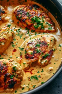 Creamy Crockpot Cajun Butter Chicken served in a bowl with herbs