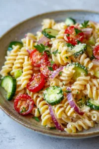 Creamy Lemon Parmesan Pasta Salad with fresh ingredients in a bowl