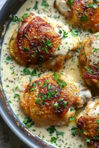 Creamy oven baked chicken thighs served on a plate with herbs and spices