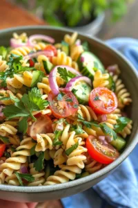 A bowl of creamy pasta salad with colorful vegetables and dressing.