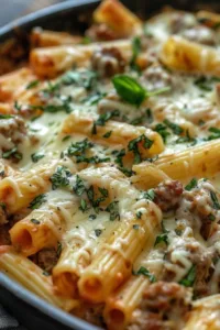 Creamy rigatoni pasta with Italian sausage in a rich sauce