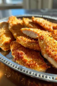 Crispy panko crusted chicken breasts served on a plate with herbs