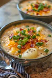 Creamy Crock Pot Crack Potato Soup served in a bowl with garnishes.