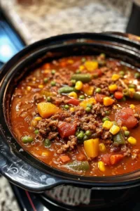 Bowl of delicious Crock Pot Shipwreck Stew with vegetables and meat