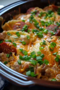 Crockpot Pierogi Casserole with Kielbasa - a delicious comfort food dish