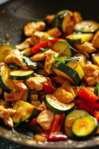 Easy Chicken Zucchini Stir Fry with colorful vegetables in a skillet