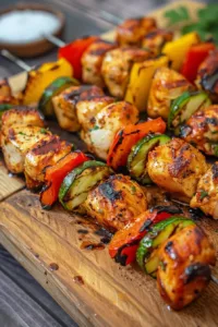 Delicious grilled chicken kabobs with colorful vegetables on skewers
