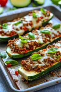 Delicious ground beef zucchini boats topped with cheese and herbs