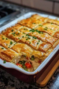 Easy homemade chicken pot pie casserole ready to serve