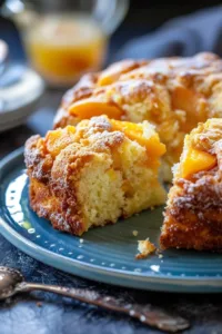 Slice of easy peach cobbler pound cake on a plate with fresh peaches