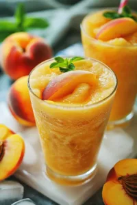 Chilled frozen peach lemonade in a glass with fresh peaches and mint garnish.