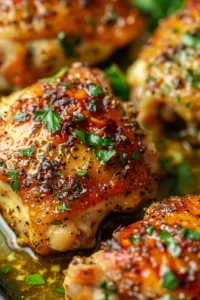Juicy Garlic Parmesan Chicken Thighs garnished with fresh herbs