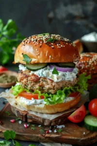 Delicious Greek Chicken Burgers garnished with fresh herbs and vegetables