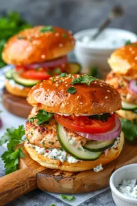 Juicy Greek chicken burgers with Mediterranean flavors and toppings.
