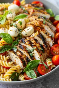 Delicious grilled chicken caprese pasta salad with fresh ingredients