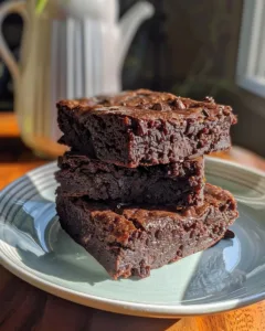 A plate of healthy banana brownies made with ripe bananas and cacao.