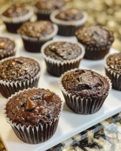 Healthy chocolate zucchini muffins on a plate with a rich chocolate glaze