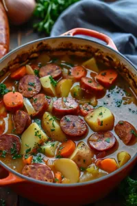 Bowl of hearty kielbasa sausage potato soup with fresh herbs on top