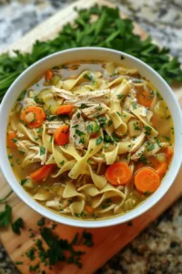 Bowl of homemade chicken noodle soup with fresh vegetables and herbs