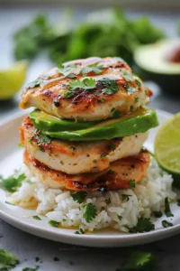 Honey Lime Chicken served on a bed of Avocado Rice Stack