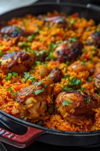 A plate of Jollof Rice served with flavorful chicken pieces, garnished with vegetables.