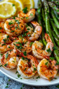 Plate of lemon garlic shrimp served with asparagus