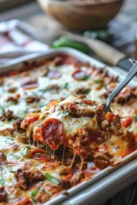 Delicious low carb pizza casserole with melted cheese and toppings