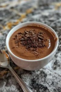 Bowl of low carb protein pudding topped with berries and nuts