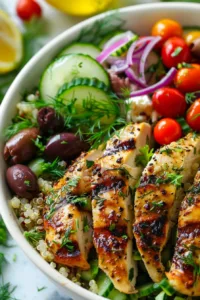 Mediterranean Lemon-Dill Chicken Bowl with fresh vegetables and grains