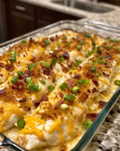 Delicious Million Dollar Chicken Bake with creamy sauce and toppings