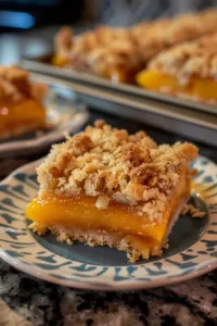Delicious peach crumble bars with a golden topping and fresh peaches