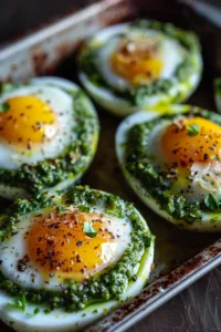 Pesto eggs served on a plate for a flavorful breakfast dish.