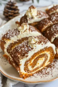 Homemade pumpkin roll dessert with cream cheese filling on a plate